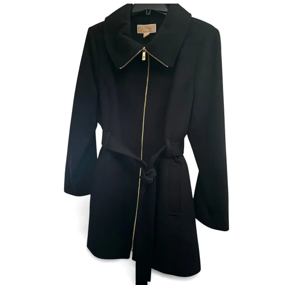 Michael Kors Womens Black Full Zip Belted Wool Blend Mid Legnth Coat Sz M New